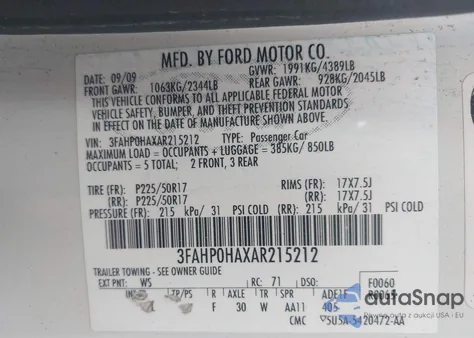 2010 Ford Fusion Se from USA, damaged, VIN 3FAHP0HAXAR215212